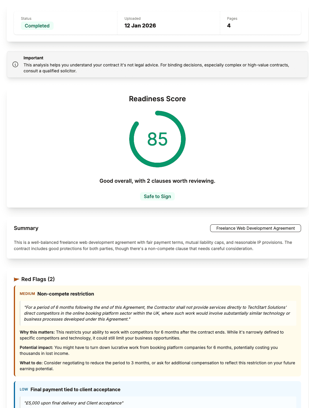 AskMyContract analysis showing a readiness score with red flag breakdown